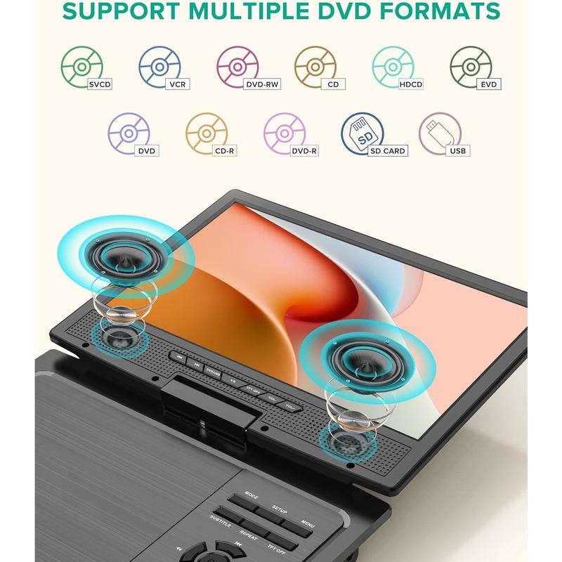12.5" Portable DVD Player  Headrest Video Player with 10.5" Swivel Screen, 5-Hours Rechargeable ,  Headrest Holder, Dual Speakers, Support USB/SD Card/Sync TV, All Regions