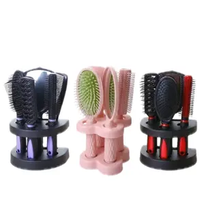 5-Piece Professional Hair Brush Set with Decorative Storage Stand Versatile Styling Tools for All Hair Types in Purple Blac, Pink and Red Black