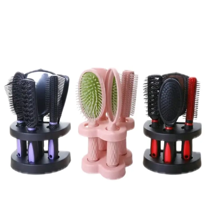 5-Piece Professional Hair Brush Set with Decorative Storage Stand Versatile Styling Tools for All Hair Types in Purple Blac, Pink and Red Black, Multi-Use Tools, Stylish Storage, Detangling Hair