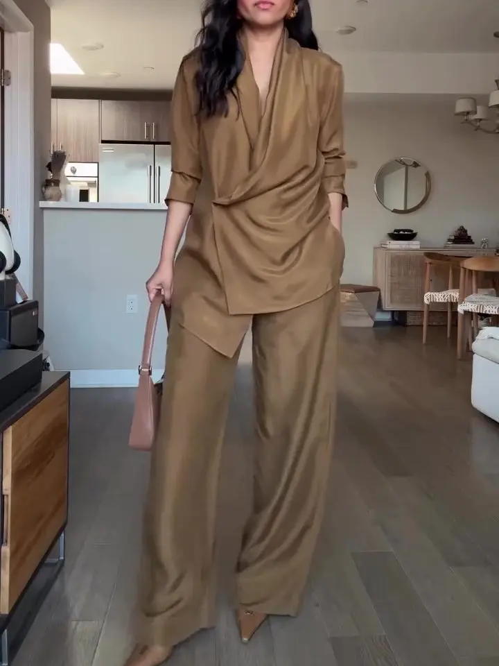 Women's Elegant 2-Piece Outfit, Solid Satin Wrap Top with Matching Wide-Leg Pants, Regular Fit Polyester Clothes, Trouser, Multi-Size