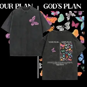 ToolHeaven American High Street Heavyweight Washed Black Crew Neck T-Shirt for Men, Butterfly & God's Plan Print Loose Street Style Short Sleeve Top