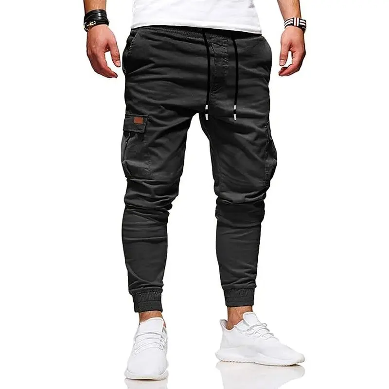 HUNGSON Men's Slim-Fit Cargo Pants - Fitted, Elastic, All-Cotton, Breathable, Button-Free, Mid-Waist Drawstring Waistband, Slanted Pockets, Above-Ankle Length, Casual Stylish Functional Trousers for Daily & Outdoor Wear, All Seasons, Fitted Men's Pants, E
