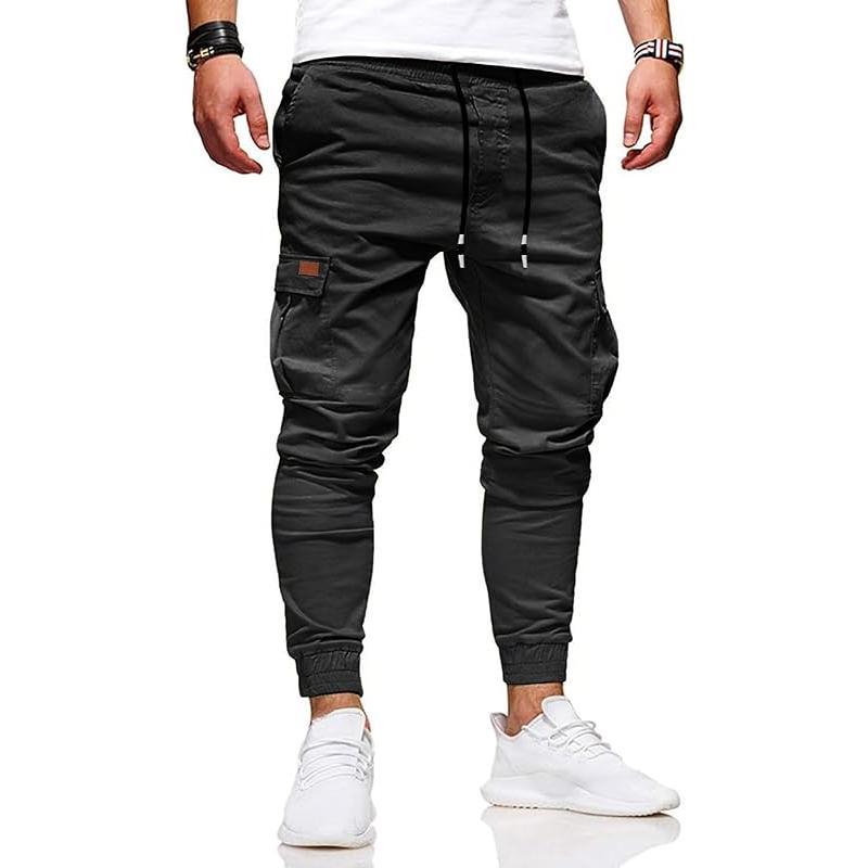 HUNGSON Men's Slim-Fit Cargo Pants - Plain All-Cotton Blend, Breathable, Elastic Drawstring Mid-Waist, Button-Free Slant Pockets, Large Pocket Design, Above-Ankle Length, Outdoor Ready Casual Trousers for Daily Wear, All-Season