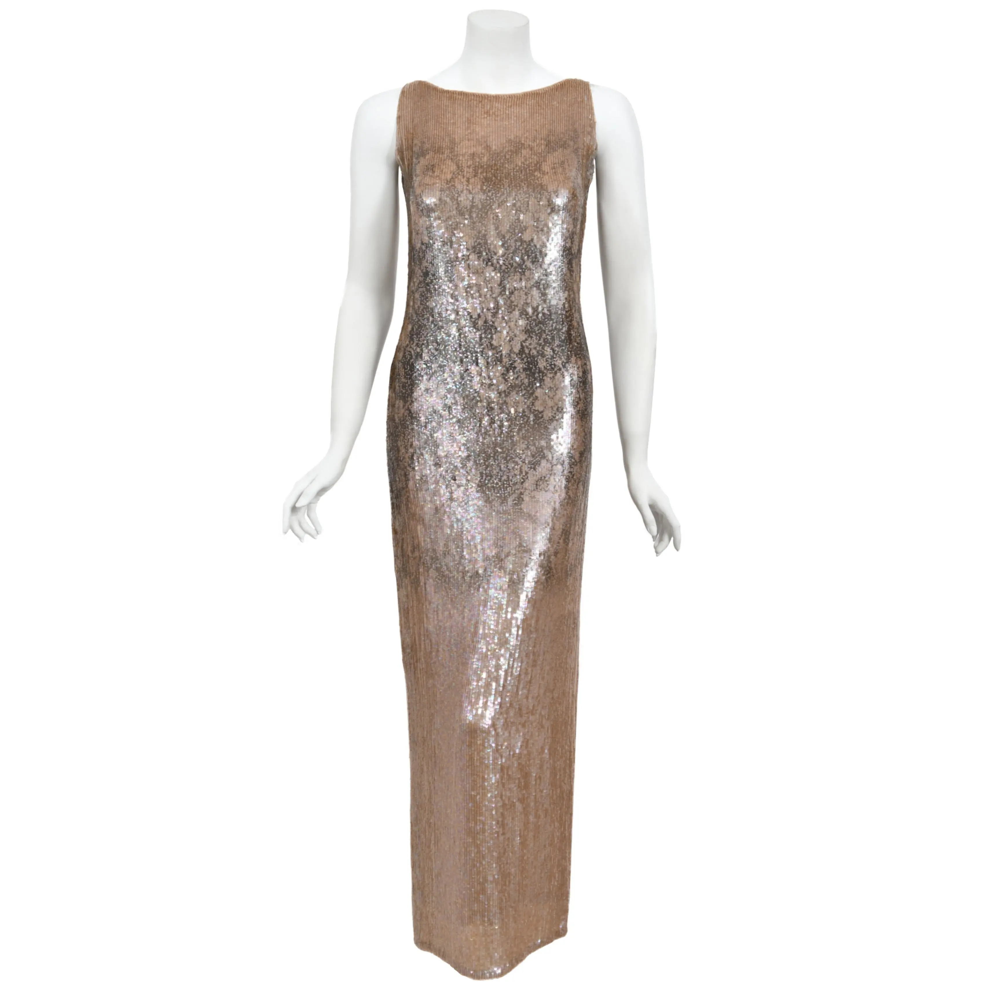 1997 Oscar de la Renta Runway Fully Sequin Floral Motif High-Slit Gown