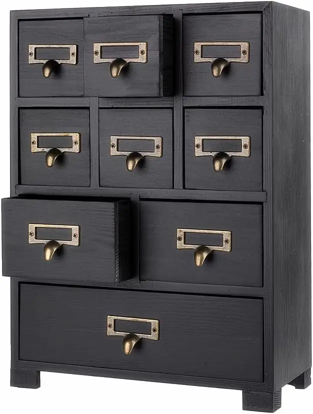 Apothecary Drawers Apothecary Cabinet with Drawers, Black | 9 Drawer Library Card Catalog, Wooden Storage Box, Wooden Desktop Organizer with Metal Handles-Fulled Assembled