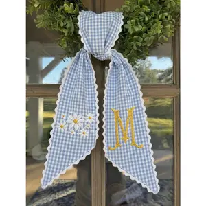 Custom Initial Tulip Sash, Pink Floral Embroidery Bouquet Wrap, Toile Wreath Sash, Personalized Grandmillennial Decor, Spring Wedding Gift