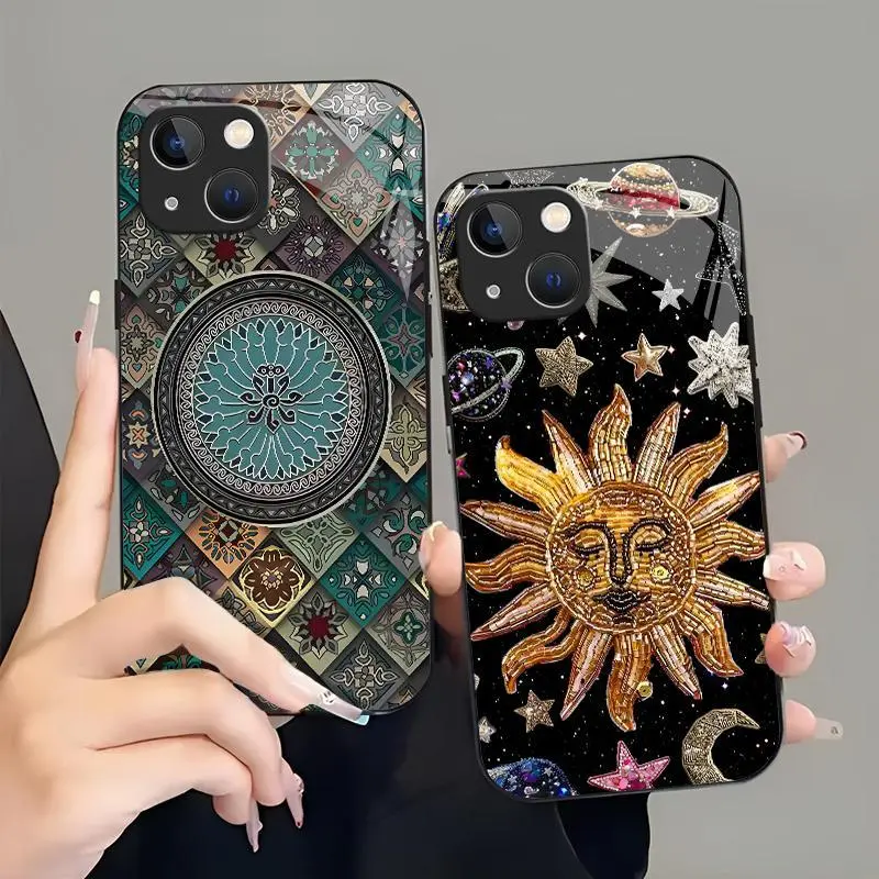 Boho Festival Aesthetic Case Celestial Sun Mandala Whimsigoth Glass Cover for iPhone 14---975