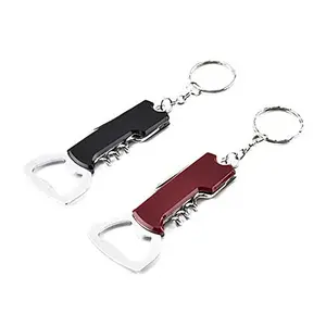 2pcs Multifunctional Bottle Opener Keychain Corkscrew Keychains Soda Beer Wine Bottle Opener Beverage Bottle Opener Keyring Gift Set, Black Red