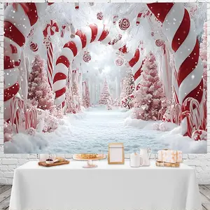 1pc 2D Flat Extra Large Candyland Winter Wonderland Backdrop - Red White Candy Cane Forest Snowy Trees - Jumbo Inch cm Photography bg Christmas New Year's Birthday Wedding pty decors - Candy Can Banners Ornaments