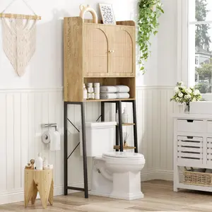Vabches Rattan Over The Toilet Cabinet with Metal Stand, Over The Toilet Rack Cabinet with Adjustable Shelf, Bathroom Organizer with Storage, Tall Boho standing Wood Washer Shelf, Curved Cupboard, Natural