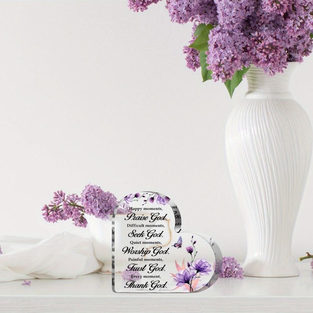 Heart Shaped Acrylic Christian Inspirational Sign, Praise God Thank God Religious Desk Decor Plaque, Bible Verse Faith Gift for Women Friends Family, Purple Floral Butterfly Desktop Tabletop Ornament Christian Keepsake Gift