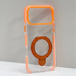 Crystal Clear Transparent Magnetic Ring Kickstand Case Compatible with iPhone 12 13 14 15 16 17 Pro Max, Electroplated Color Border Large Camera Window Anti-Yellow Drop Proof iPhone Cover