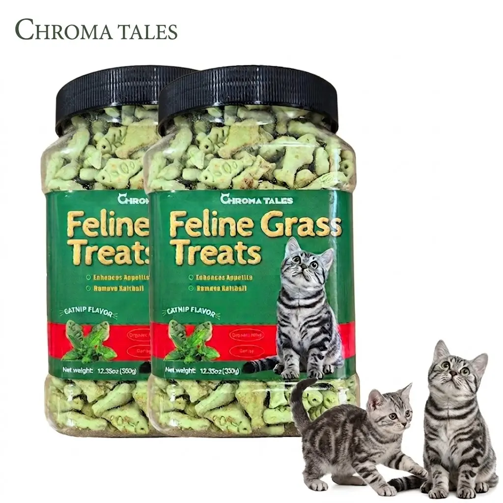 CHROMA TALES Feline Grass Treats 2-Pack (24.7 oz / 700g Total) - Catnip Flavor Crunchy Cat Hairball Control Treats, Natural Cat Grass Bites with Salmon to Enhance Appetite & Digest Hairballs for All Cats