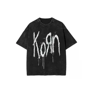 [Vintage Wash] Washed T-Shirt Music Rock Korn Band Hip Hop Novelty T-Shirts Oversized Streetwear 100% Cotton Printed Tops Tee Shirt for Men and Women