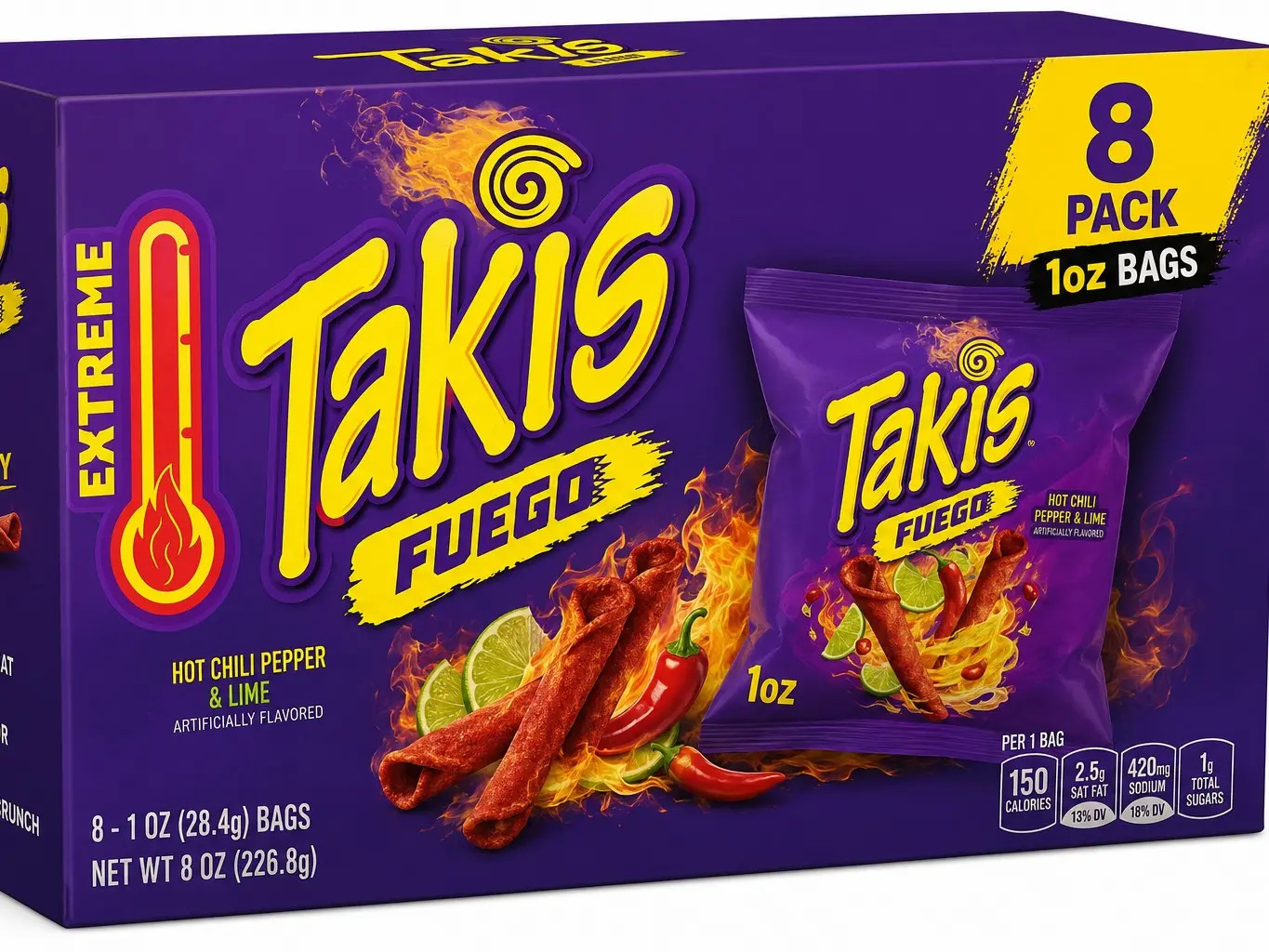 Spicy Rolled Tortilla Chips, Hot Chili Pepper & Lime Flavor, 1 oz Individual Snack Bags, 8 Count Multipack