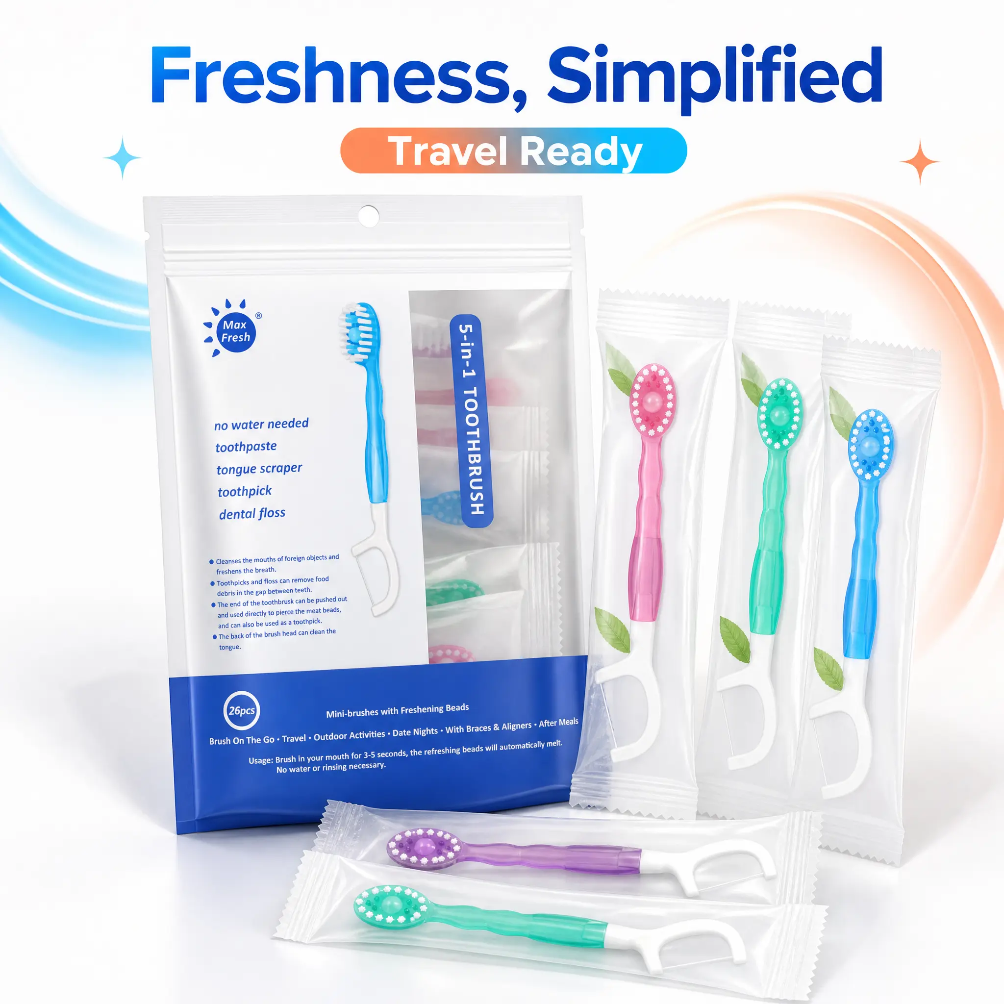 Disposable Toothbrush 26 Pack, 5-in-1 Waterless Oral Care Kit with Natural Peach Flavor, Includes Dental Floss & Pick, Compact for Gym Use, Daily, Interdental Residue, Cherry