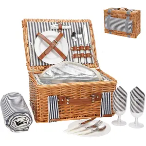 Picnic Basket Set for 2 Persons with Waterproof Blanket, Handmade Willow Picnic Baskets with Insulated Cooler & Cutlery Kit, Gift Wicker Basket for Couples, Valentine Day, Birthday, Wedding, Outdoor