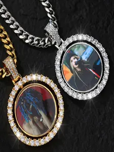 Iced Out Hip Hop Photo Frame Pendant Necklace, Full Cz Round Medallion, Full Bling Round Photo Frame Medallion, Zircon Award Chain, Custom Picture Pendant