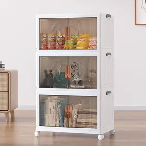 VECELO 3 Pack 4 Pack Plastic  Stackable Storage Bin Double Door Display Case Showcase Closet Organizers Foldableand Storage with Lids and Wheels Makeup Cart