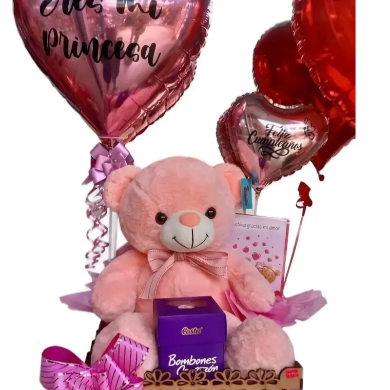Arreglo de globos con peluche para cumpleaños
