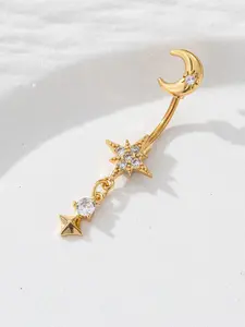 Women's Moon Star Navel Ring - Cubic Zirconia Dangle Belly Button Piercing Jewelry, Hypoallergenic Celestial Belly Ring with Long Drop Star Charm for Party & Daily Wear
