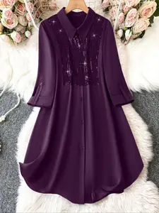 [Plus Size] Contrast Sequin Button Front Woven Shirt Blouse, Elegant 3/4 Sleeve Collared Fitted Top for Spring & Fall, Women's Clothes for Daily Wear