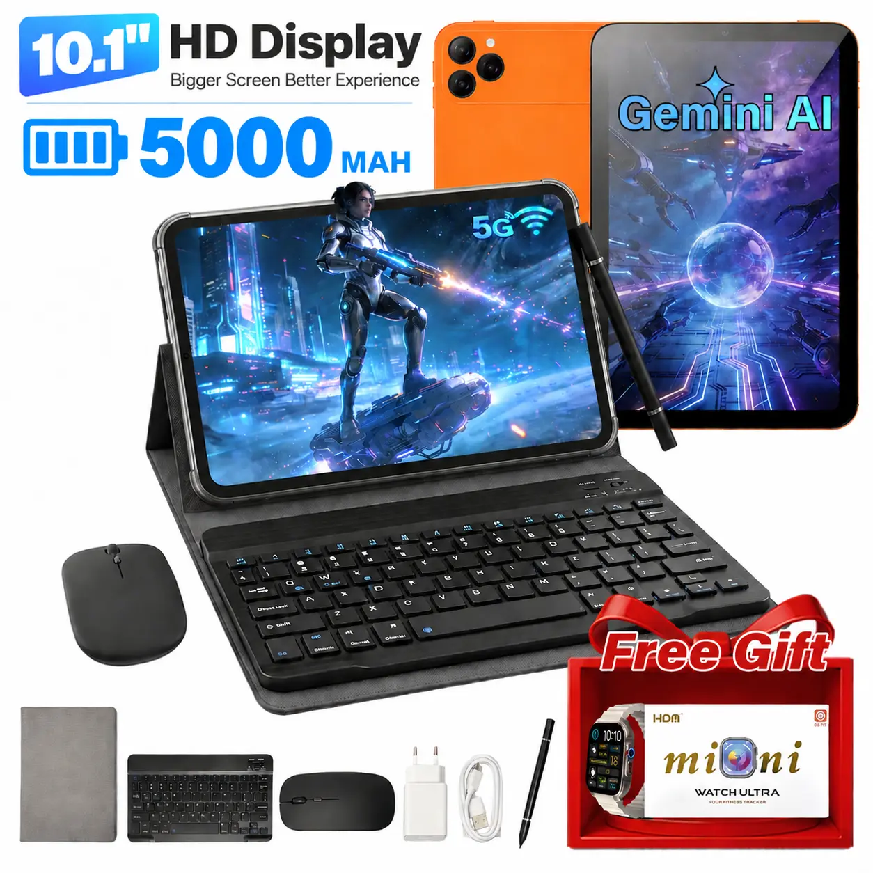 10.1" HD Display Android Tablet Bundle, WiFi & SIM Supported, Home Tablet for Streaming, Reading & Browsing w/ Keyboard, Mouse, Stylus Set