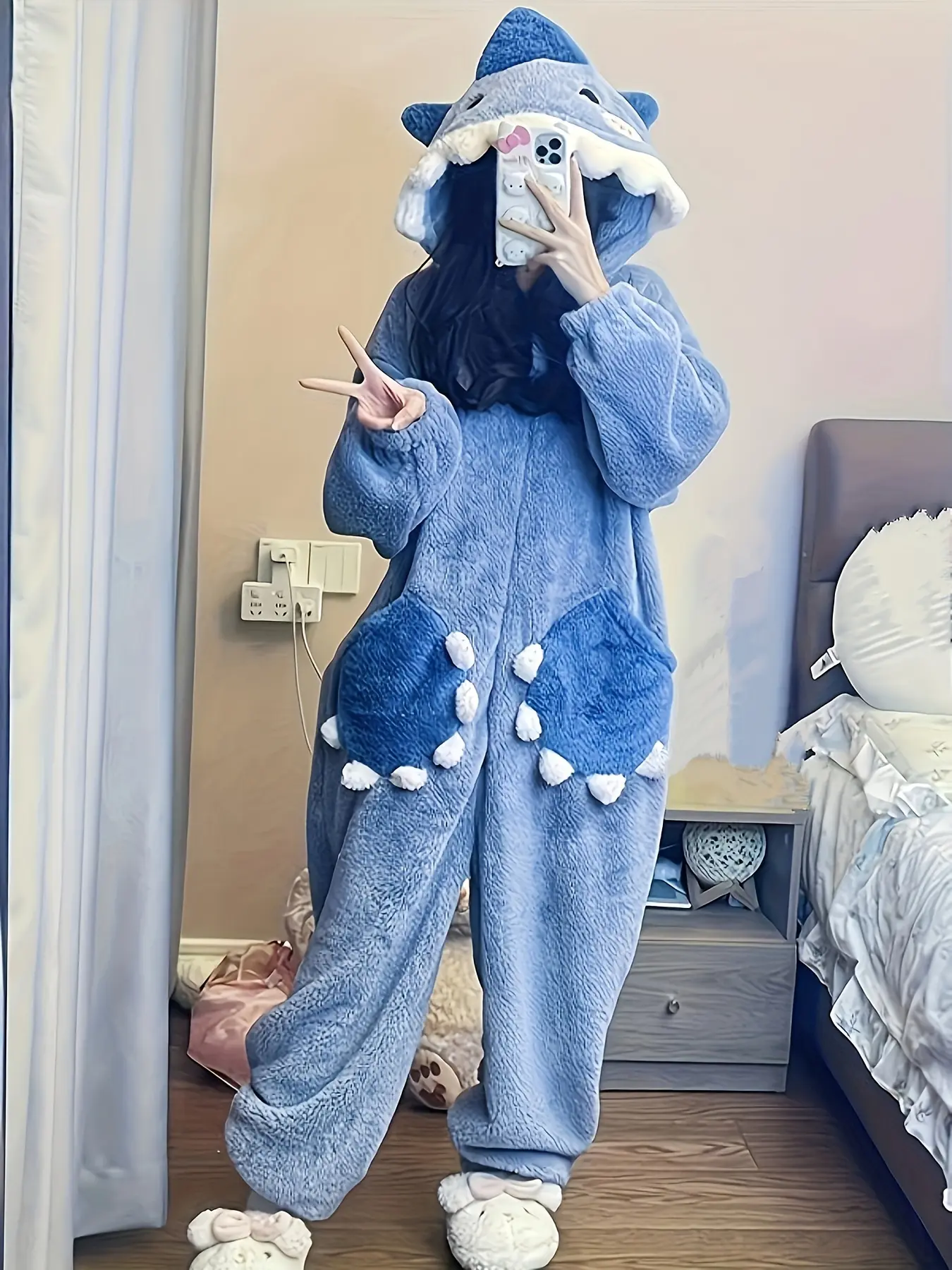 1pcs Women's Cute Cartoon Shark Hoodie Dress Long Sleeve, Unicorn Design Winter Role Play Onesie, Christmas Party Casual, Pajamas and Loungewear