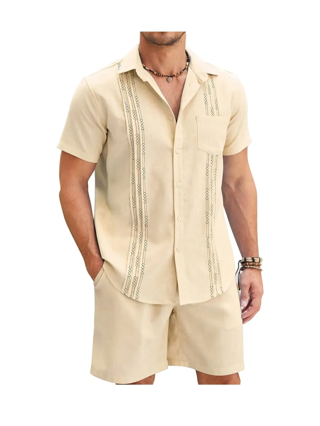 COOFANDY Mens Beach Outfits for Vacation 2 Piece Short Set Guayabra Sets Resort Wear COOFANDY Mens Beach Outfits for Vacation 2 Piece Short Set Guayabra Sets Resort Wear