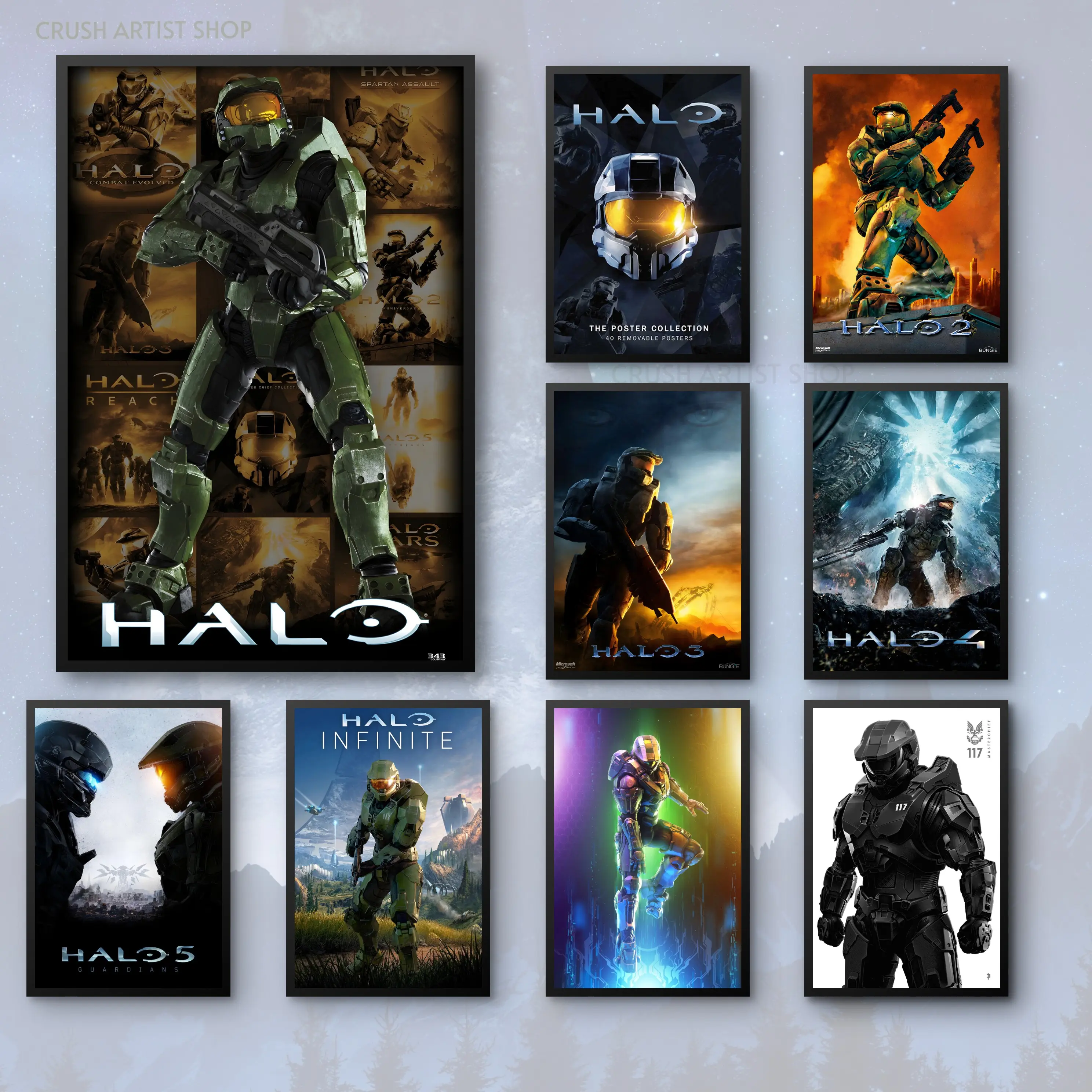 H-Halo Master Chief Themed Framed Canvas Poster - Classic Video Game Art Print, Home Decor for Gamers, Bedroom Wall Art Gift Idea