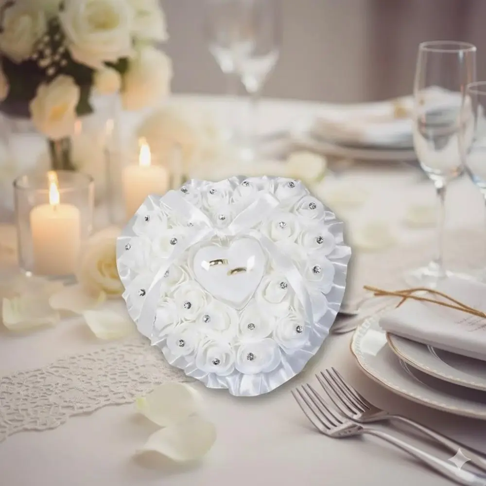 Elegant Wedding Ring Pillow Set with Rose Ring Box, Unique Ceremony Essential for Couples. Ideal Gift for Wedding Season, Creative Ring Storage, Personalized Engagement Decor, Stunning Instagram Photo Prop. Perfect for Bride & Groom Anniversaries.