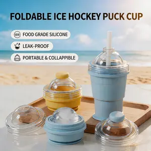 2-in-1 Portable Foldable Ice Hockey Cup, Creative Silicone Material, Whiskey Ice Cube Maker with Freezer Tray, Cup, Ice Mold with Built-in Straw, On-the-Go Summer Cup, Easy-Release Large Ice Cube Tray, Foldable Ice Cup for Iced Coffee and Drinks