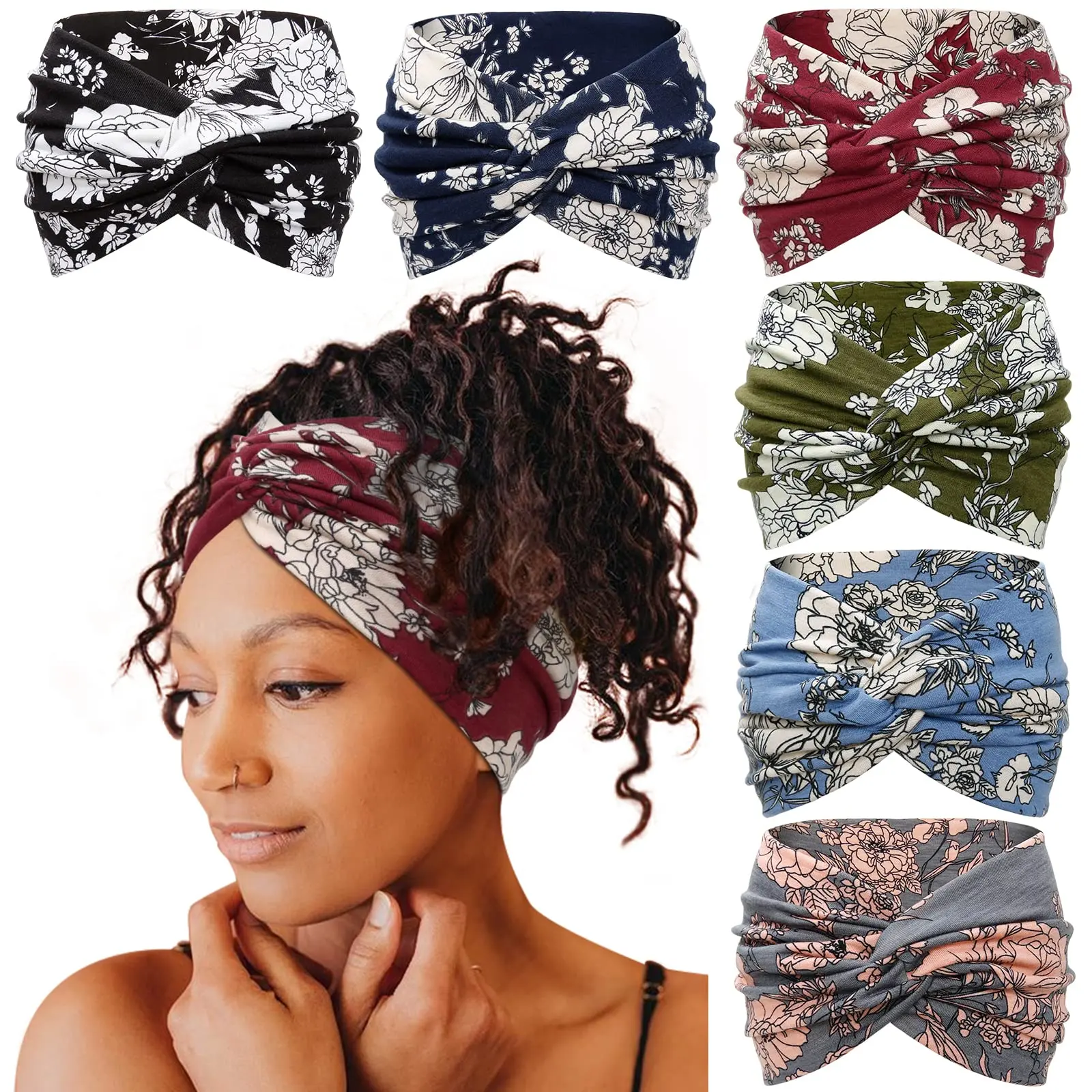 Bandana Style Headband for Women | Wide Hairband for All Hair Types (Thick, Curly, Thin) | Non-Slip Soft Stretch No-Pressure Fit | 6-Pack Wide Headbands for Busy Mornings, Gym, Travel & Everyday Wear