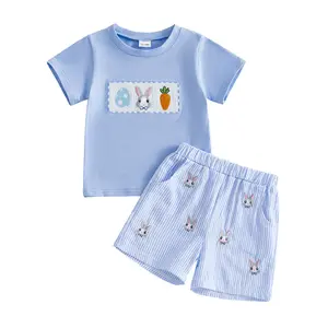 Cute Baby Boy Easter Outfit Bunny Eggs Embroidery Short Sleeve Round Neck Top Shorts 2Pcs Set Clothes Spring Summer