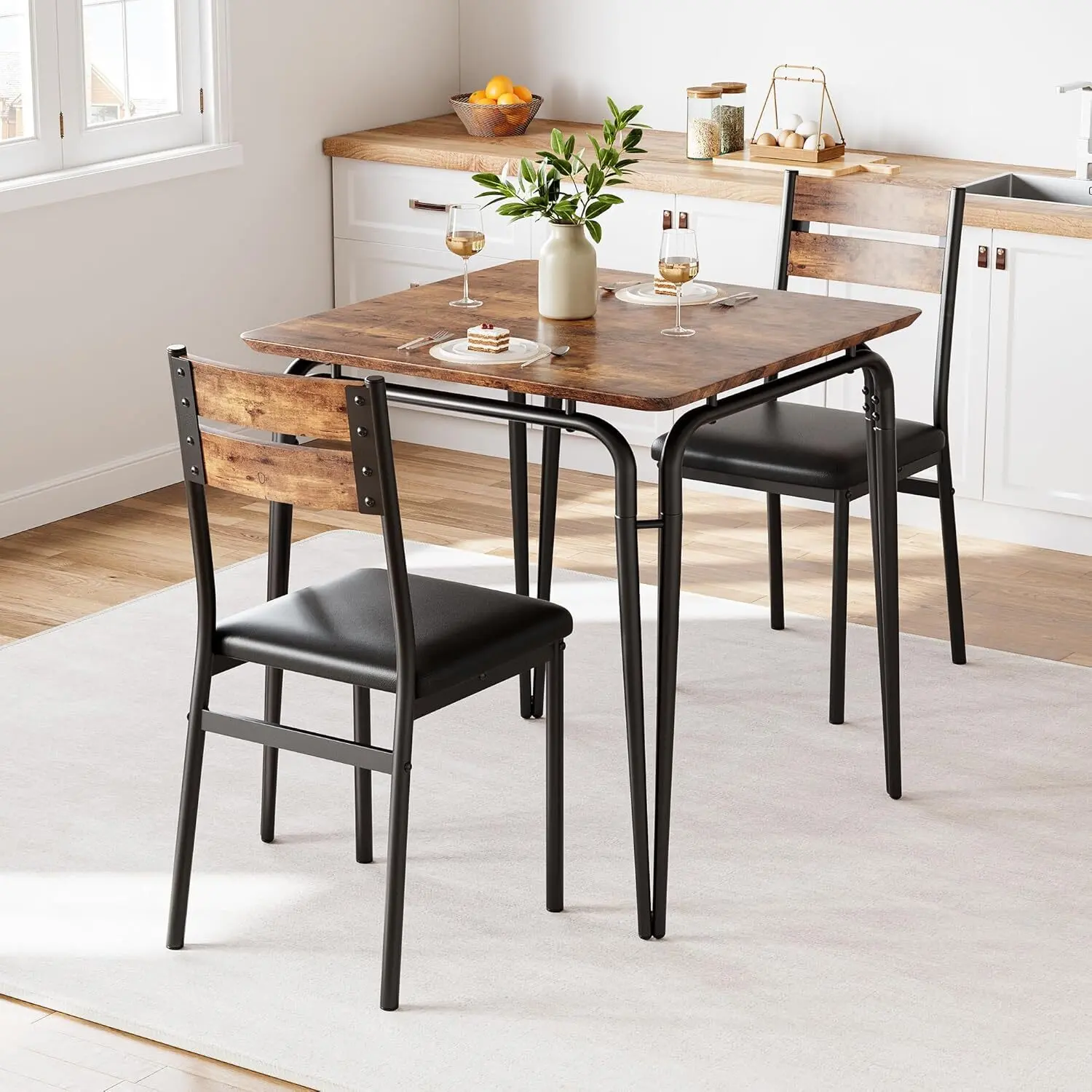 3-Piece Dining Table Set, Sturdy Wooden Square Table and Chair Breakfast Table Set for 2 Person,for Home or Commercial Dining Room,Vintage Brown.