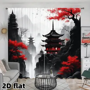 2D Flat 2Pcs Japanese Temple Curtains with Red Maple Tree Asian Landscape Art Pagoda Print Rod Pocket Drapes Misty Mountain Scenery Semi Sheer Window Treatment for Living Room Bedroom Dining Area Study Home Decor Easy to Clean Washable