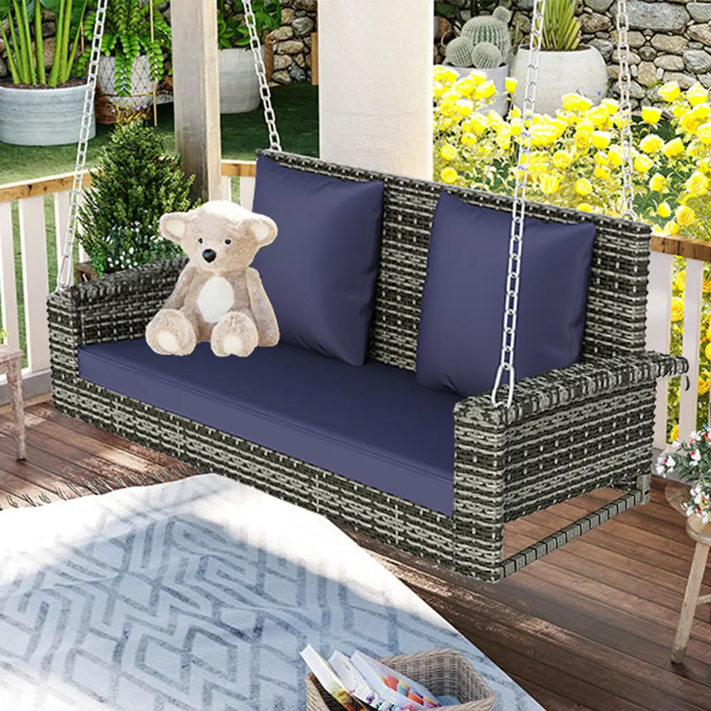 2-Person Wicker Hanging Porch Swing with Cushion and Pillows