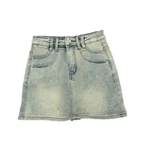 Hot Rhinestone Denim Skirt for Women 2026 Summer Retro Slimming A-Line Sheath Denim Skirt Womenswear Bottom Fit Bodysuit Vintage Adjustable, heavy-duty rhinestone design denim skirt