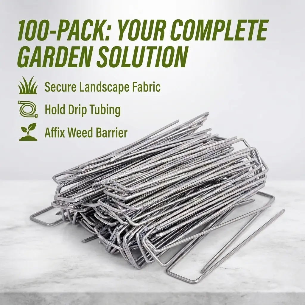 6-Inch Galvanized Heavy Duty Garden Staples (100 Pack) - Home Improvement Garden Supplies for Lawn, Weed Barrier