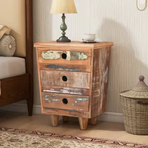 Christopher Knight Home ®   End Table Recycled Wood Nightstand, Side Table with 3 Drawers,  Vintage Natural Bedside Table for Bedroom Living Room