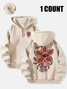 Stranger Things Retro Graphic Print Long Sleeve Oversized Hoodie Sweatshirts, All-Over Character & Upside Down Design, Premium Soft Fabric, Ideal for Sci-Fi Horror Fans, Trendy Casual Wear for Daily Leisure & Fandom Outfits