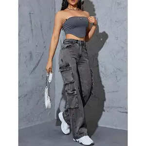 Women’s high-waisted wide-leg denim jeans, boyfriend wide-leg cargo pants, casual baggy denim pants with pockets, women’s denim jeans and clothing