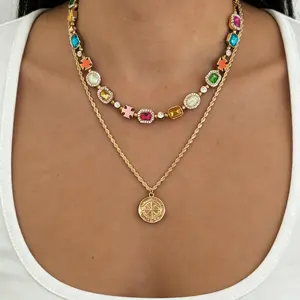 European and American cross-border colorful gemstone gold jewelry chain, fashionable and dazzling, high-end, light luxury, versatile necklace set