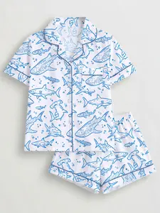 Women's 2-Piece Pajama Set, Ocean Theme Shark Whale Print, Casual Fitted Sleepwear, Comfortable Short Sleeve Top & Elastic Shorts, All Seasons