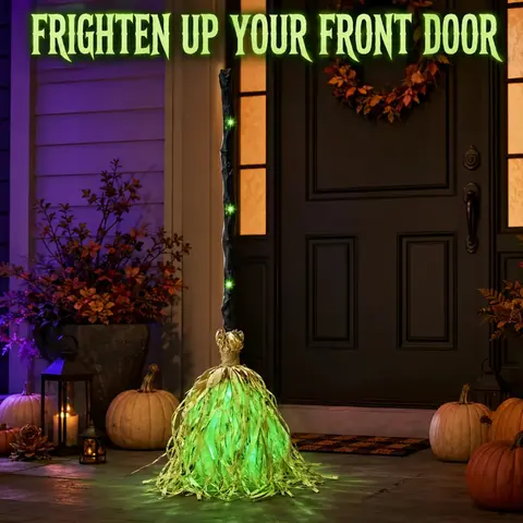Animated Dancing Witch Broom Halloween Collectible Prop - Light-Up, Sound-Activated, Adjustable Bendable Handle, Spooky Interactive Decor, Glow Party Accessories, Yard Decor
