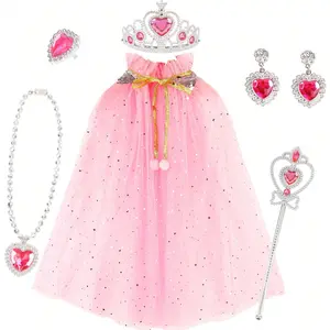 Children's toy princess dress-up cape, princess costume set, toy jewelry crown magic wand necklace earrings rings, stage performance Christmas New Year's outfit, Princess Accessories, Party Costume Accessory