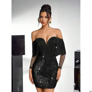 WeddingGuestDress SuitableForEveningParty ShoulderLongSleeveDress - sGlamorousElegantSexyLuxurySequinTasselOff tiktokBelleWomen Cocktail