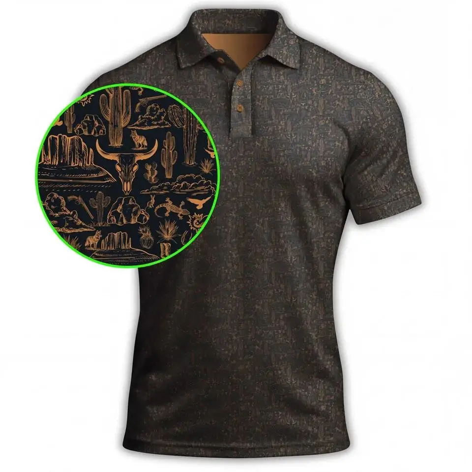 Men’s Retro Black and Copper Desert Golf Polo Shirt, Vintage Western Performance Sportswear