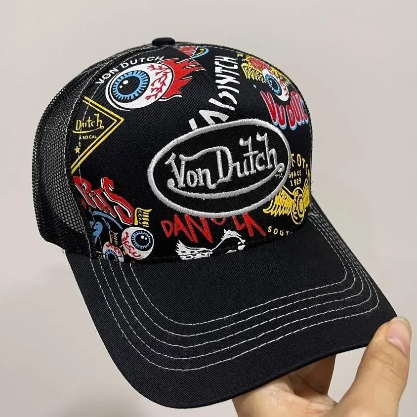 Von Dutch Vintage Graphic Mesh Trucker Hat, Y2K Graphic Printed Baseball Cap, Streetwear Mesh Back Snapback, Retro Graphic Print Hat, Unisex Gift