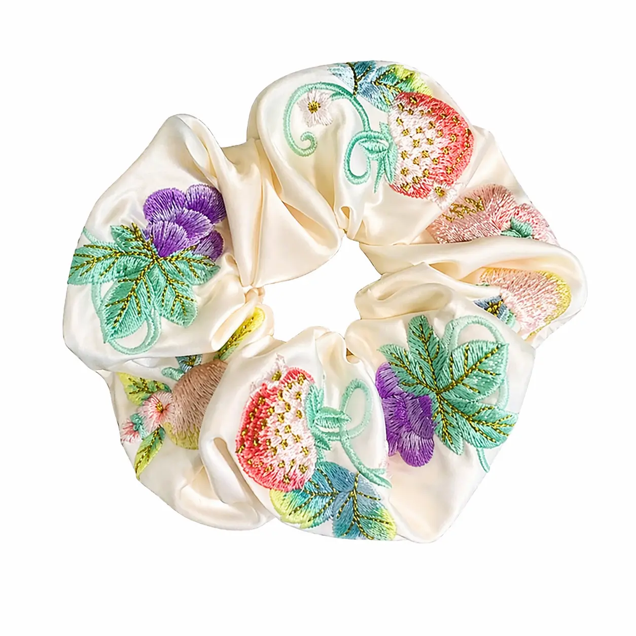 Strawberry Embroidery Satin Scrunchie-French Girly Hair Tie